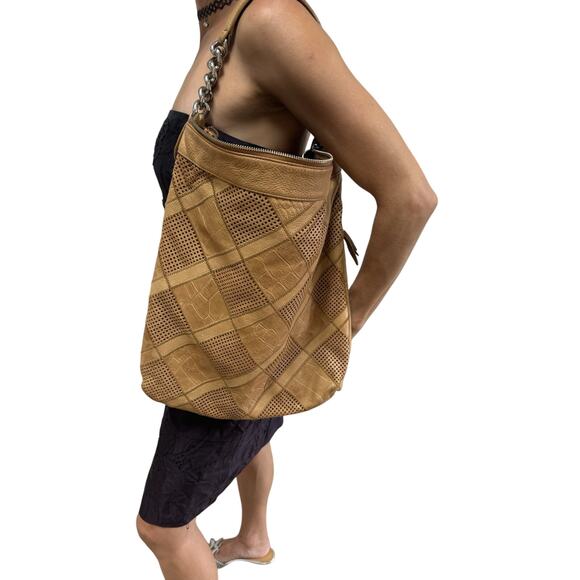 B. Makowsky Tan Leather Patchwork Hobo Shoulder Bag - Picture 1 of 6